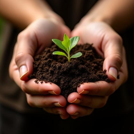Hands holding rich, dark compost, representing sustainable soil enrichment.