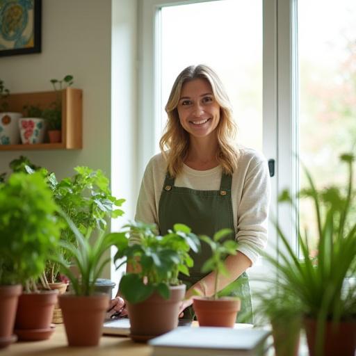 A person smiling as they tend to their indoor plant collection.