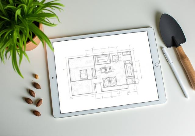 A digital tablet showing a garden design plan next to a potted plant.